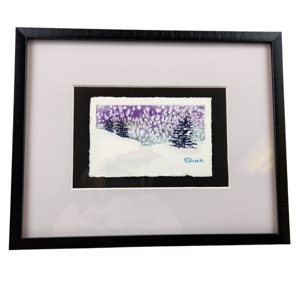 Original Art Other - Vintage Winter Watercolor – Framed Snow Scene 8X10 - Signed - Christmas Holiday